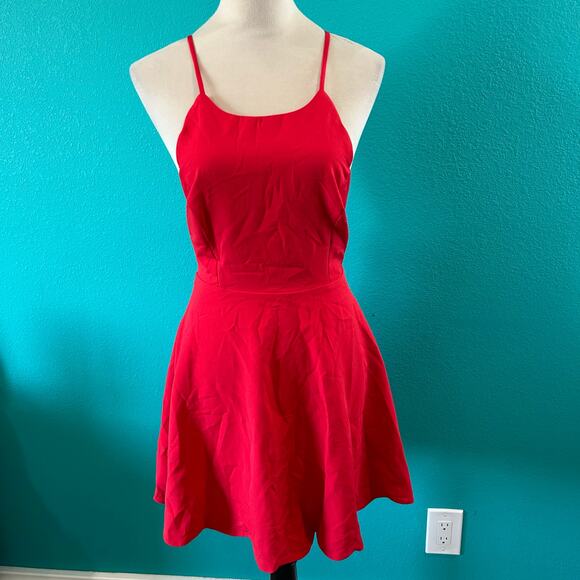 Lulus Red Play On Curved Scalloped High Neck Lace Back Mini Dress Party Size S - Picture 3 of 8
